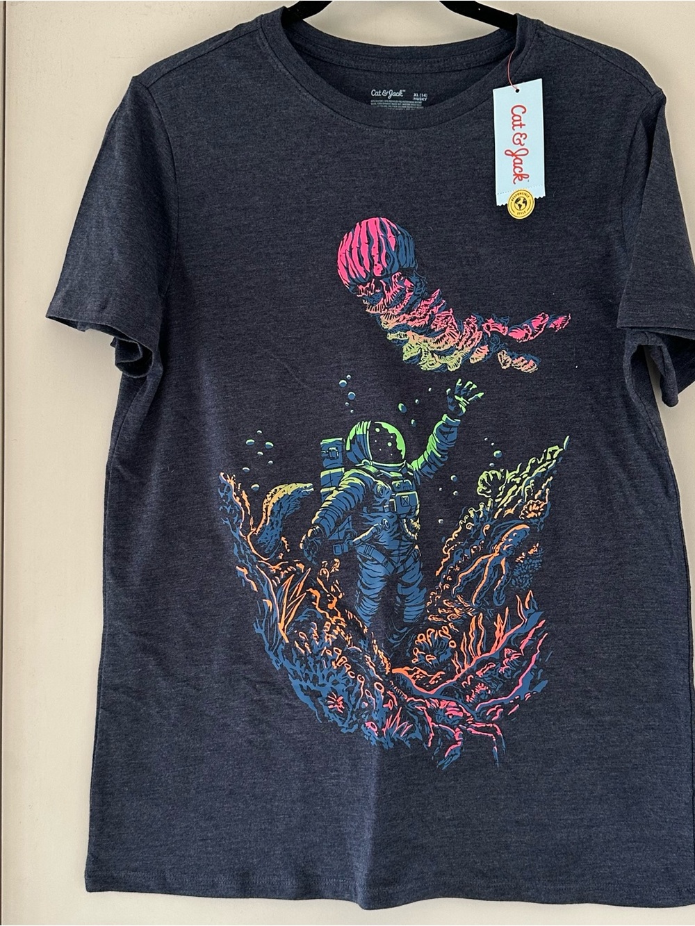 Cat & Jack Navy Short-Sleeve Tee with Neon Astronaut and Coral Reef Graphic